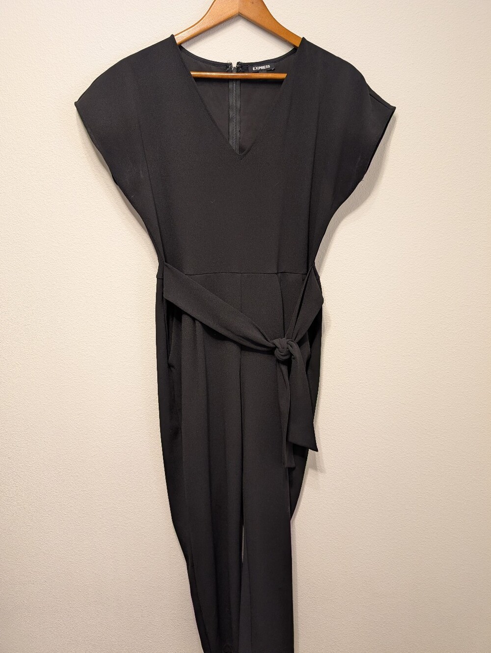 Express Black Long-Sleeve V-Neck Tie-Waist Jumpsuit